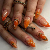 Popxstar 24pcs Mid-length Almond Press on Nail 3D Wave Star Design False Nails Reusable Golden Lines Fashion Round Head Fake Nails Art