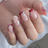 Popxstar  Nude Color Fake Nails 24Pcs Red French Tips Press On Nails Full Cover Mid-length Square Head False Nails Acrylic DIY Manicure