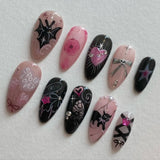 Popxstar 24pcs Sweet False Nail Patches Detachable Fake Nail Tips With Bowknots Love Heart Pearl Design Pink Almond Korean Press On Nail