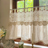 Rustic Cutout Lace Splicing Curtain with Tab Top Imitation Hemp Vintage Farmhouse Curtain Kitchen Window Half Curtain