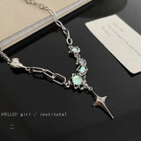 Popxstar Silver Color Y2K Pendant Necklaces Fashion Cross Shiny Zircon Crystal Heart Drop Necklace for Women Asymmetrical Jewelry Gifts