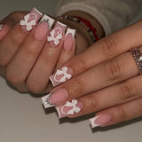 popxstar 24Pcs Pink French Style Fake Nails 3D Bowknot Designs Short Square Press on Nails Sweet Korean Fashion False Nail for Women Girl