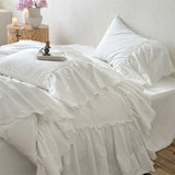 Popxstar  100% Cotton White Pleated Ruffles Princess Wedding Bedding Set Washed Cotton Duvet Cover Flat/Fitted Bed Sheet Pillowcases 4Pcs