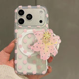 Cute Pink Polka Dot lily flower Magnetic Phone Case for iPhone 13 14 15 16 17ProMax Shockproof Wireless Charge Cover for Magsafe