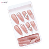 Popxstar  French Fake Nails Stick-on Long Ballet Pink False Nails with Rhinestone Designs Full Cover Acrylic Press on Nails for Women Girl