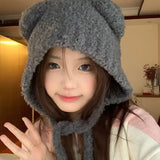 Popxstar Cute Girl Knit Ear Protection Hat Bear Women Earmuffs Cap Woolen Crochet Bonnet Solid Color Hood Beanies Winter Warm Headgear