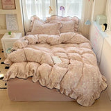 Popxstar  New cream lace girl powder grid Korean version bed four-piece set washed cotton double-layer yarn quilt cover dormitory