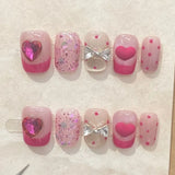 Popxstar  10pcs Sequins Full Cover Nail Tips Short Square Handmade False Nail Art Pearl Bow Design Press on Nails Reusable Round Fake Nail