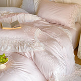 Popxstar  Vintage Jacquard Lace Ruffles Wedding Bedding Set Lyocell Cotton Soft Silky Duvet Cover Set Bed Sheet Fitted Sheet Pillowcases