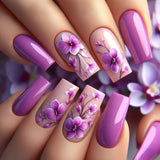 Popxstar  Purple Flower Press on Nails 24Pcs Almond/Coffin Wearable Fake Nails Flower Printed Woman DIY Manicure Acrylic False Nails Tips