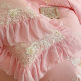 Popxstar  Elegant Lace Rose Embroidery Bedding Sets French Style Luxury 100% Cotton Pink Princess Ruffles Quilt Cover Bed Skirt Pillowcase