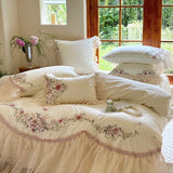 Popxstar  Premium Egyptian Cotton Luxury Wedding Bedding Set Flowers Embroidery Organza Lace Ruffles Duvet Cover Set Bed Sheet Pillowcases