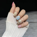 10Pcs Short Square Handmade Press on Nails Butterfly Pearl Fake Nails Rhinestone Grid False Nails Wearable Manicure Acrylic Nail
