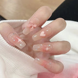 Popxstar 24Pcs Long Ballet False Nails Transparent Press on Fake Nails with Rhinestone Bow Heart Design Removable Artificial Nail Tips