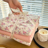 Popxstar  Ins floral print Bedding set knitted cotton Flat sheet set Four pieces duvet cover double layer-yarn 4Pcs lovely Fitted sheet