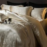 Popxstar  4Pcs Champagne Silk Damask Jacquard Egyptian Cotton Patchwork Luxury Bedding Set Duvet Cover Flat/Fitted Bed Sheet Pillowcases