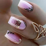 Popxstar 24Pcs Short Purple False Nails Leaf with French Design Gold Foil Wearable Fake Nails Coffin Ballet Full Cover Press on Nail Tips