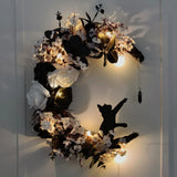 Popxstar Halloween Flower Wreath White Flowers Black Roses Withered Branches Moon Cat Flower Wreath Decoration Door Wreath Decoration