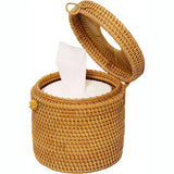 Decorative Handwoven Rattan Tissue Box With Lid Round Shape Wicker Tissue Box Single Roll Storage Box Retail Spaces