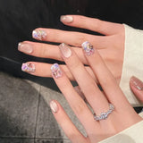10pcs Crystal Cat Eye False Nails Colorful Mini Flower Fake Nails with Butterfly Design Elegant Press on Nails Short Square Nail