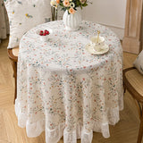 Romantic Linen-Like Floral Tablecloth with Lace Ruffle Vintage Style Round Decorative Table Cloth Cover for Home Dining Room