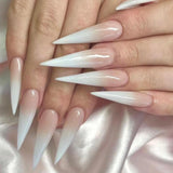Popxstar 24Pcs Almond Fake Nail with Amber Stripes Design Wearable Long Stiletto False Nails Blue French Full Cover Finished Fingernails