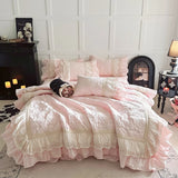 Popxstar  Rose Embossing Quilted Duvet Cover Set Vintage Lace Ruffles Pure Cotton Bedding Set Bed Sheet/Bed Skirt/Fitted Sheet Pillowcases