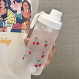 Kawaii Cherry Frosted Plastic Water Bottle With Straw Leak Proof Portable School Clear Juice Milk Tea Drinkware Water Cup 500ML