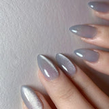 Popxstar 24Pcs Solid Color Grey Almond Fake Nail Cat's Eye Design Wearable Round Head False Nails with Shiny Powder Press on Nails