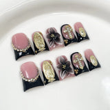 10pcs Duck Bill Press on Nails Sweet Cool French Fake Nails Patch 3D Black Flower Stick on Nails Metal Pearl Vintage False Nail