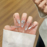 Popxstar 10Pcs Reuse Finished Fake Nails with Butterfly Deisgn Pink Cat's Eye French Handmade Press on False Nails Wearable Nail Art Tips