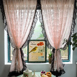 Romantic French Pink Jacquard Sheer Lace Floral Curtains Black Lacework for Bedroom Elegant Living Room Decoration