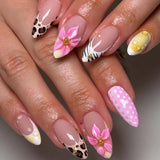 Popxstar  24pcs Long Almond Fake Nails Tips Leopard Print Design French False Nail Art Ins Flower Pink Press on Nails Finished Manicure