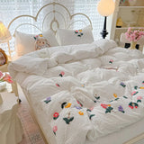 3/4Pcs Bedding Set 3D Floral Embroidered Towel-Stitch Puff-Quilted Red Duvet Cover Muslin Bedding Bed Sheets With Pillowcase