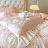 Popxstar  4/6Pcs Pink Butterfly Jacquard Three-layer Lace Ruffles Princess Wedding Bedding Set Duvet Cover Bed Skirt Bedspread Pillowcases