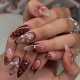 Popxstar 24pcs White Flower Fake Nail Tips Ins Yellow Pink Blush False Nails Wearable Full Cover European Almond Shaped Press on Nails