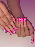 Popxstar 24 sweet cherry blossom red printed coffin full cover fake nails, French white, suitable for women's daily wear, 1 nail file and