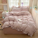 Popxstar  New cream lace girl powder grid Korean version bed four-piece set washed cotton double-layer yarn quilt cover dormitory