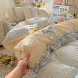3/4Pcs Bedding Set French Princess Lace Sweet And Creamy Style Cotton Duvet Cover Pink Twice Bed Linen With Ruffles Pillowcase