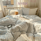 popxstar Striped Princess Bedding Set INS Nordic Girls Soft Washed Cotton Bed Flat Sheet Twin Queen Size Duvet Set Pillowcase Bed Linens