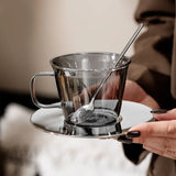 Popxstar Retro Light Luxury Glass Coffee Cup Set Smoke Gray Transparent Tea Cup Set Afternoon Tea Cup with Spoon Glasses Drink Set Gifts
