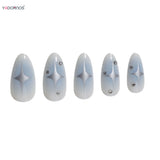 Popxstar  Y2K Girls Almond Fake Nails Gradient Blue Press on Nail Star Printed Full Cover Wearable False Nails Tips for Women DIY Manicure