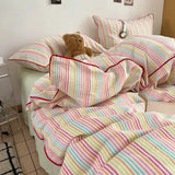Cotton Double Gauze Bedding Sets Striped Grinkled Muslin Duvet Cover Bed Flat Sheet Pillowcases Bed Linens Students Bedroom