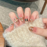 Popxstar 10Pcs Pink Almond Handmade Press on Nails Bow Fake Nails with Rhinestone Decoration Wearable Stick-on Nails False Nail 네일팁