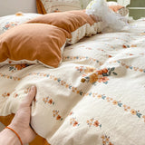 Popxstar Korean Retro Floral Bedding Set 100% Washed Cotton Bed Sheets Set Soft Duvet Cover Bed Linen Pillowcase Single Double Queen King