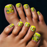 Popxstar  24pcs Square Fake Toenails Art Datachable Fashion Colorful Stripe False Nail Tips with Shiny Powder Design Short Press on Nails