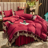 Popxstar  Skincare Polished Light Luxury European Style Embroidery Four Piece Set Solid Color Lace Bed Skirt Four Piece Set
