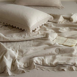 Popxstar  88% Cotton and 12% Linen Jacquard Vintage Hollow Lace Edge Summer Quilt Air Condition Thin Comforter Lightweight Blanket 1/4Pcs