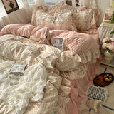 Popxstar 3/4Pcs Korean Princess Style Floral Ruffles Bedding Set Skin-friendly Soft Duvet Cover Set Bed Sheet Or Bed Skirt Pillowcases