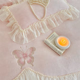 Popxstar  Butterfly Embroidery Lace Ruffles Princess Bedding Set Warm Velvet Duvet Cover Bed Sheet/Bed Skirt/Fitted Sheet Pillowcases 4Pcs